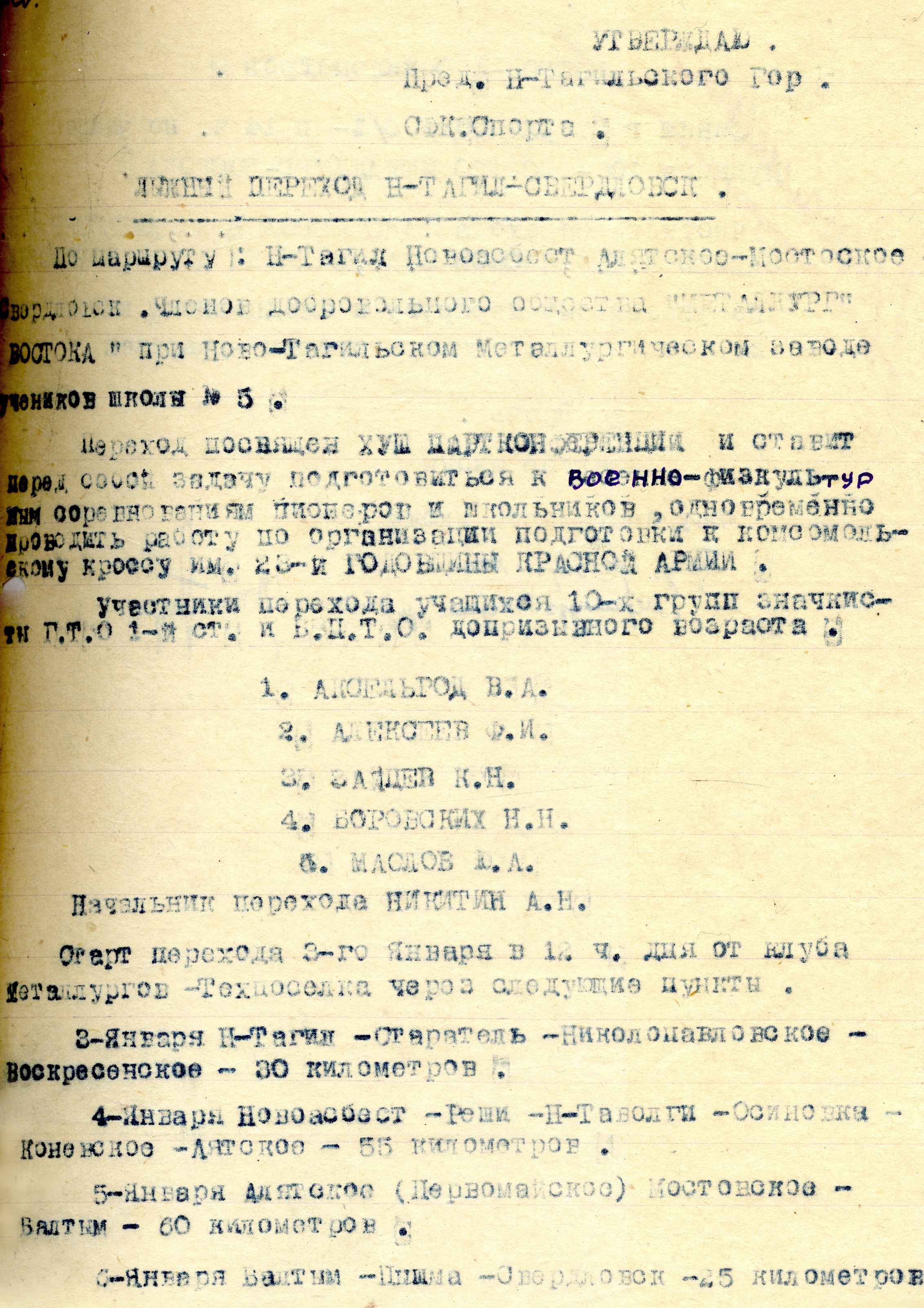 Информация о лыжном переходе учеников школы № 5 по маршруту Нижний Тагил – Свердловск. 1941 год. (НТГИА. Ф.196.Оп.2.Д.4.Л.18-18 об.)