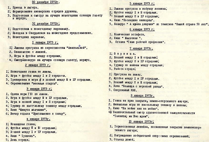 Отчет о работе зимнего спортивного лагеря «Лесной ручеек» Завода пластмасс за 1973 год. (НТГИА. Ф.178.Оп.2.Д.172.Л.2-5)