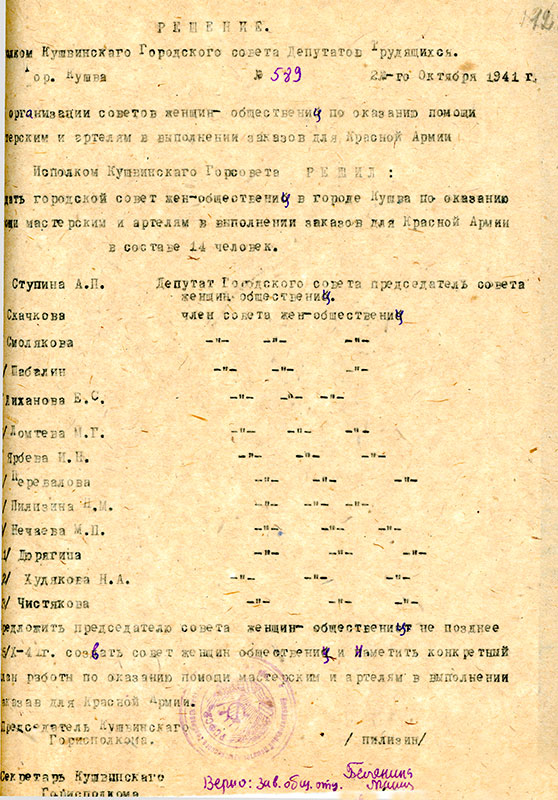 Решение исполнительного комитета Кушвинского городского Совета депутатов трудящихся от 21 октября 1941 года № 589 (НТГИА.Ф.75.Оп.1.Д.24.Л.121)