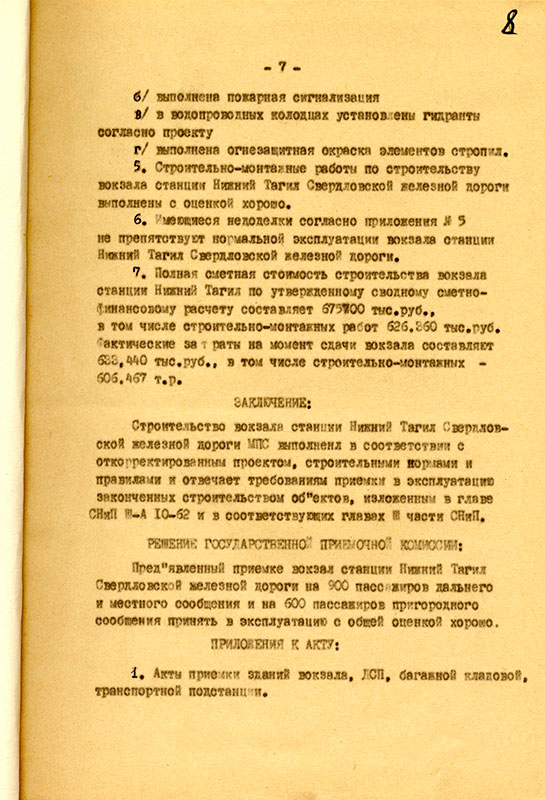 Акт приемки в эксплуатацию Государственной приемочной комиссии законченного строительством вокзала станции Нижний Тагил Свердловской железной дороги министерства путей сообщения от 10 января 1966 года. (НТГИА. Ф.229.Оп.1.Д.1483.Л.8)