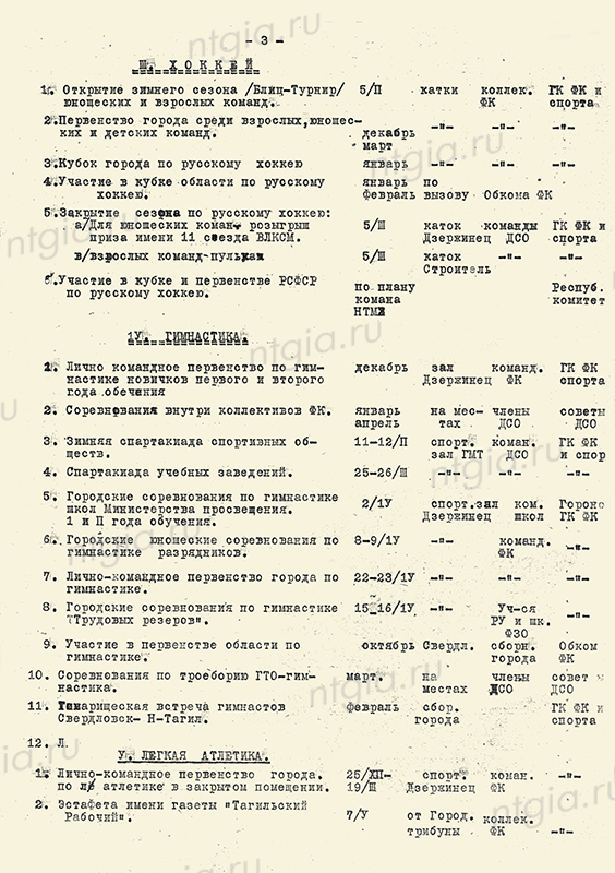 План спортивно-массовых мероприятий Нижнетагильского городского комитета по делам физической культуры и спорта на 1950 год. (НТГИА. Ф.70.Оп.2.Д.598.Л.228-230)