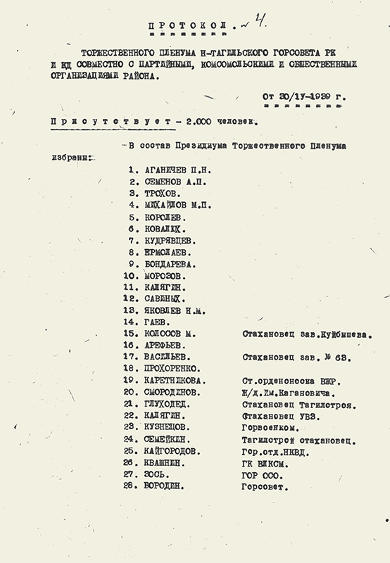 Протокол Торжественного пленума Нижнетагильского горсовета РК и КД депутатов совместно с партийными, комсомольскими и общественными организациями района от 30.04.1939 года № 4. (НТГИА. Ф.70.Оп.2.Д.466.Лл.24-29)  