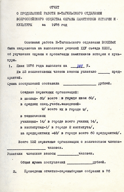 Отчет Нижнетагильского отделения Всероссийского общества охраны памятников истории и культуры о проделанной работе за 1976 год. (НТГИА. Ф.554.Оп.1.Д.26.Л.22)