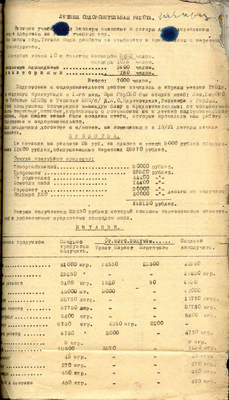 Сведения об организации летней оздоровительной работы горсовета. 1931 год. (НТГИА. Ф.70.Оп.2.Д.169.Л.308)