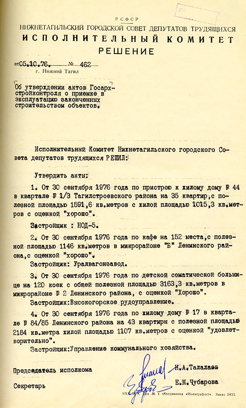 Решение исполнительного комитета Нижнетагильского городского Совета депутатов трудящихся от 5 октября 1976 года № 462. (НТГИА. Ф.70.Оп.2.Д.1432.Л.162)