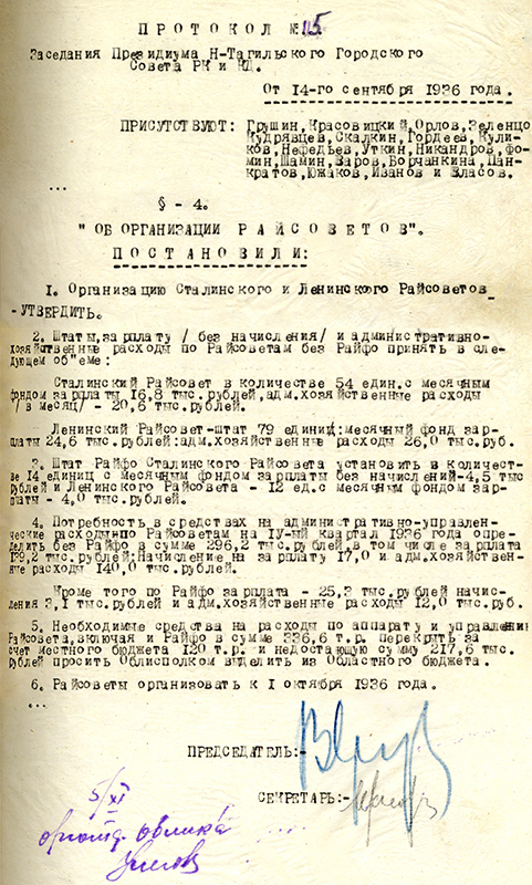Протокол заседания Президиума Нижнетагильского городского Совета рабочих, крестьянских и красноармейских депутатов от 14 сентября 1936 года № 115. (НТГИА. Ф.70.Оп.2.Д.383.Лл.71, 72)