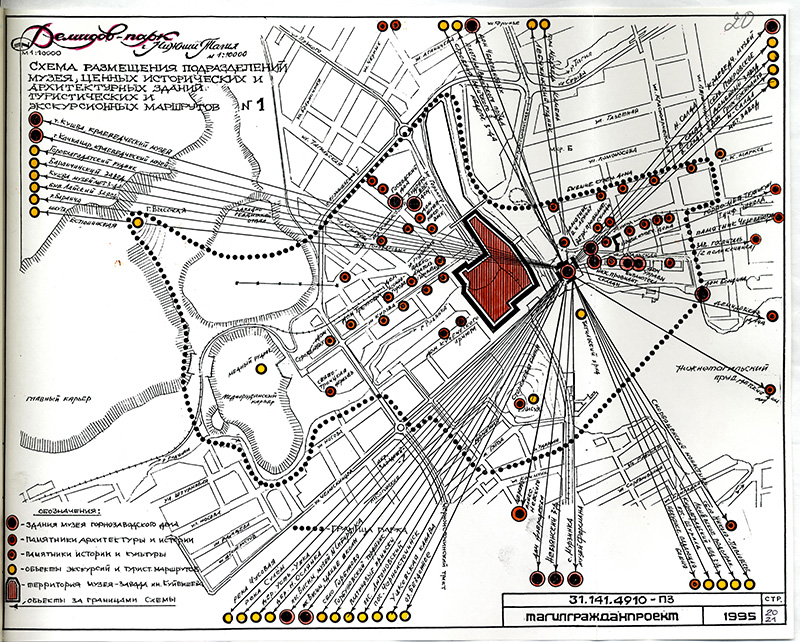 Схема размещения подразделений музея, ценных исторических и архитектурных зданий туристических и экскурсионных маршрутов будущего индустриально-ландшафтного парка «Демидов-парк» города Нижний Тагил. 1995 год. (НТГИА. Ф.636.Оп.1.Д.72.Л.20)