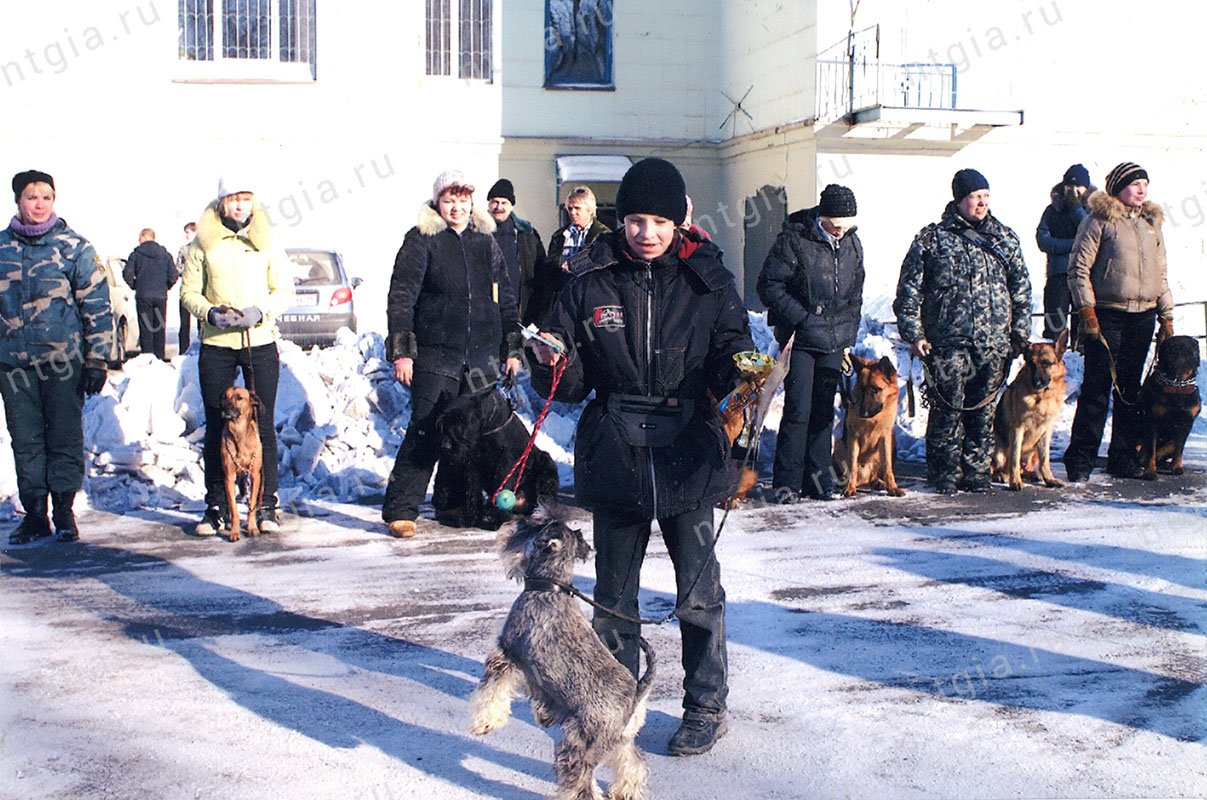 Участники соревнования по многоборью со служебными собаками. 21 февраля 2009 года. (Архив Нижнетагильской организации РОСТО (ДОСААФ)