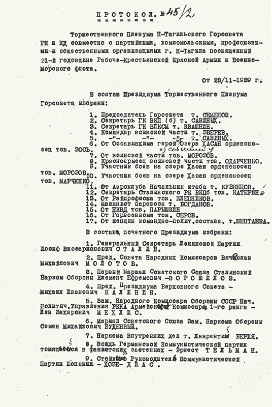 Состав президиума и Почетного президиума торжественного Пленума Нижнетагильского Горсовета. 23 февраля 1939 года. (НТГИА. Ф.70.Оп.2.Д.466.Л.16)