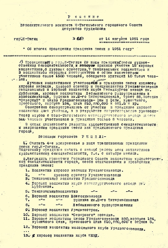 Решение № 657 исполкома Нижнетагильского городского Совета депутатов трудящихся от 14 августа 1951 года (НТГИА. Ф.70.Оп.2.Д.621.Л.290)