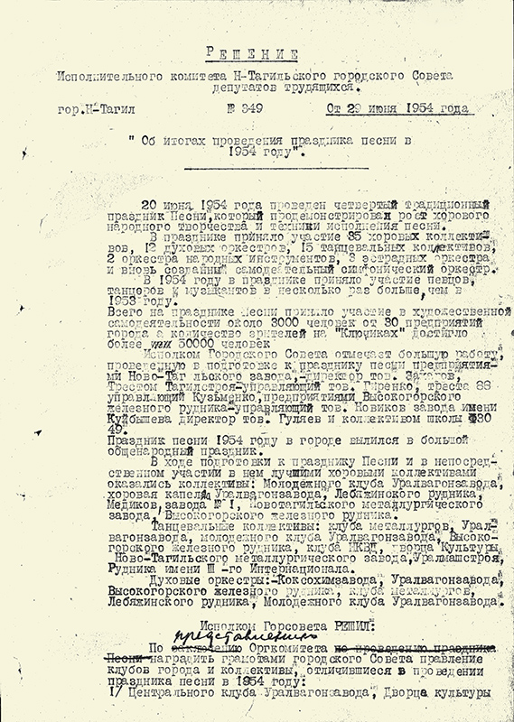 Решение № 349 исполкома Нижнетагильского городского Совета депутатов трудящихся от 29 июня 1954 года (НТГИА. Ф.70.Оп.2.Д.679.Л.286)
