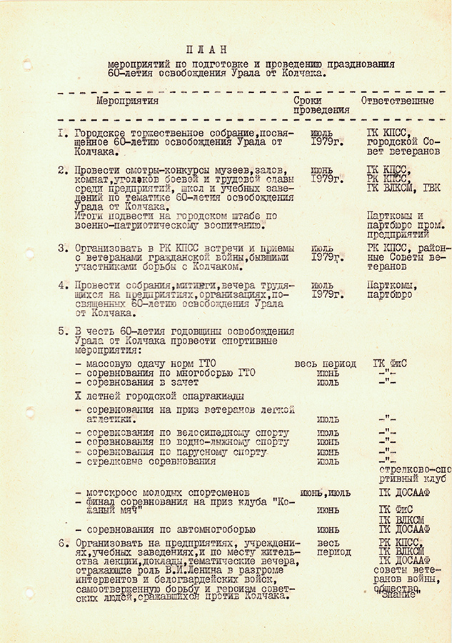 План мероприятий, утвержденный постановлением № 114 бюро Нижнетагильского Горкома КПСС, горисполкома и Горкома ВЛКСМ от 13 апреля 1979 года (НТГИА. Ф.70.Оп.2.Д.1562.Л.47)