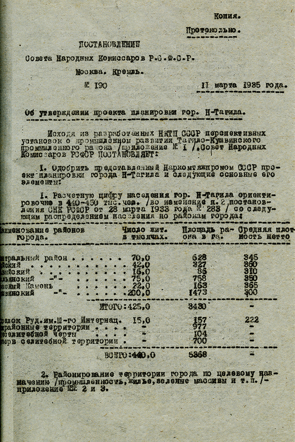 Постановление Совета Народных Комиссаров РСФСР от 11 марта 1935 года № 190 «Об утверждении проекта планировки города Нижнего Тагила. (НТГИА. Ф.31.Оп.1.Д.207.Л.30)