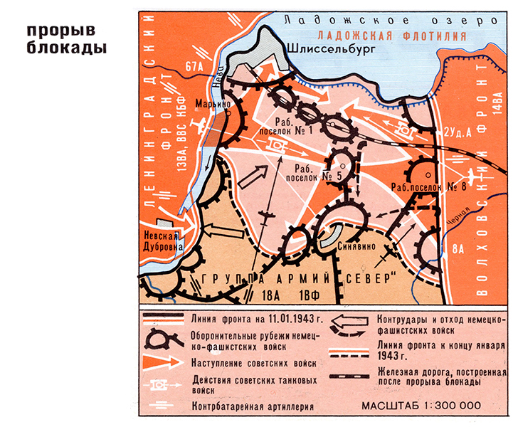 Схема «Прорыв блокады Ленинграда». 1943 г. (Атлас «Города-герои Великой Отечественной войны», С. 20)