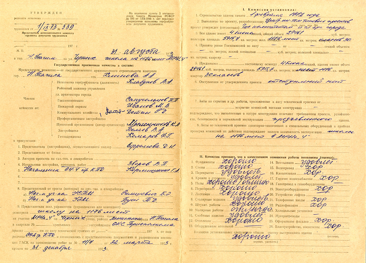 Акт приемки в эксплуатацию городской приемочной комиссии от 31 августа 1973 года № 27. (НТГИА. Ф.183.Оп.2.Д.14.Лл.53-54)