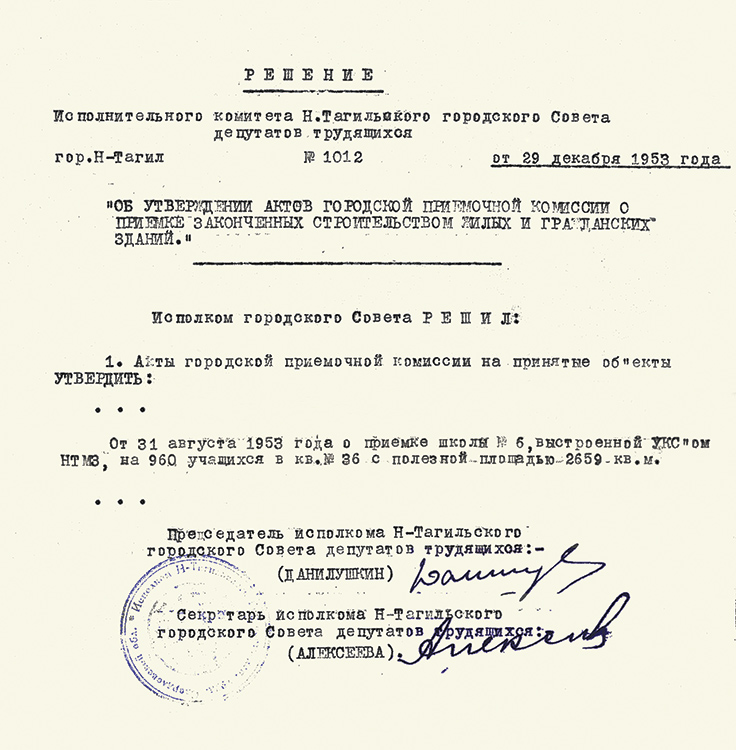 Решение исполнительного комитета Нижнетагильского городского Совета депутатов трудящихся от 29 декабря 1953 года № 1012. (НТГИА. Ф.70.Оп.2.Д.665.Л.429)