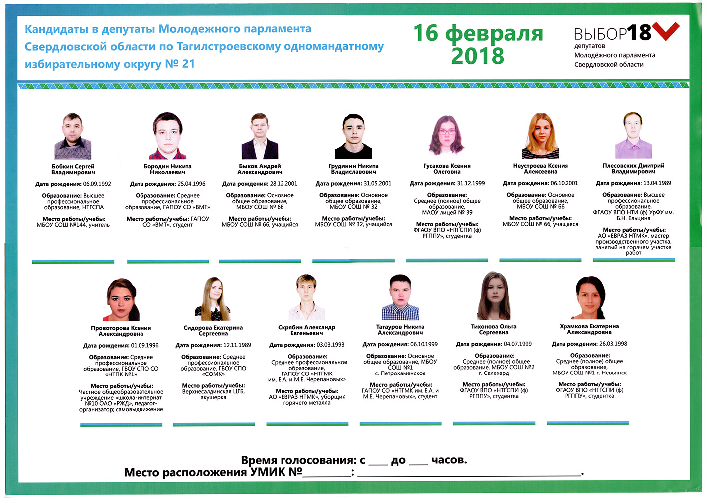 Плакат о кандидатах в депутаты Молодежного парламента Свердловской области по Тагилстроевскому одномандатному избирательному округу № 21. 16 февраля 2018 года. (Архив Тагилстроевской районной территориальной избирательной комиссии)
