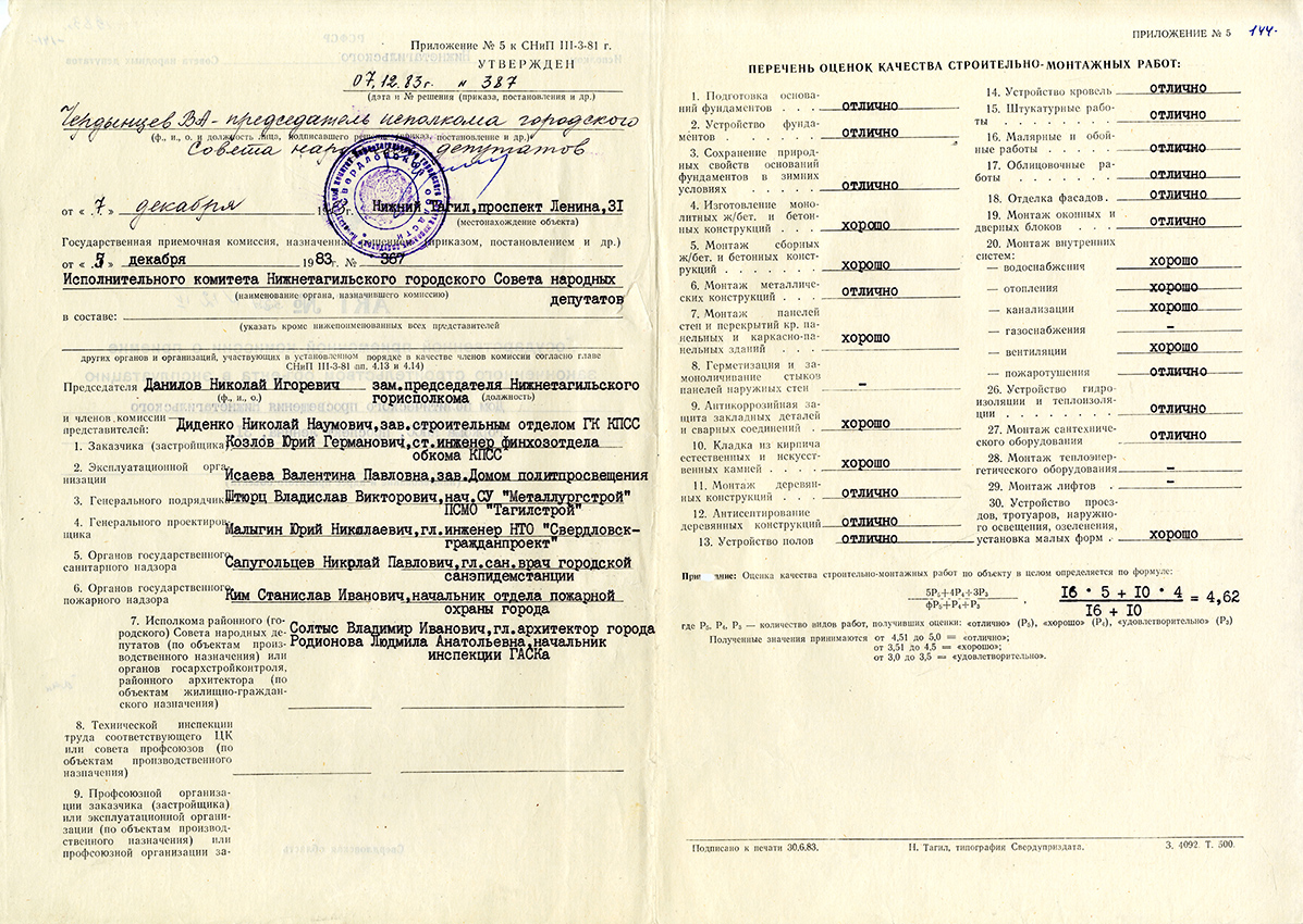 Акт приемки в эксплуатацию городской приемочной комиссии от 7 декабря 1983 года № 39. (НТГИА. Ф.183.Оп.2.Д.24.Лл.141-144)