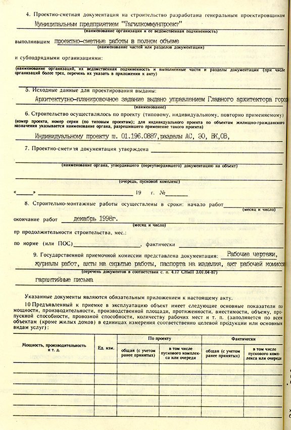 Акт приемки в эксплуатацию городской приемочной комиссии от 29 декабря 1998 года № 31. (НТГИА. Ф.183.Оп.2.Д.39.Лл.120-123)