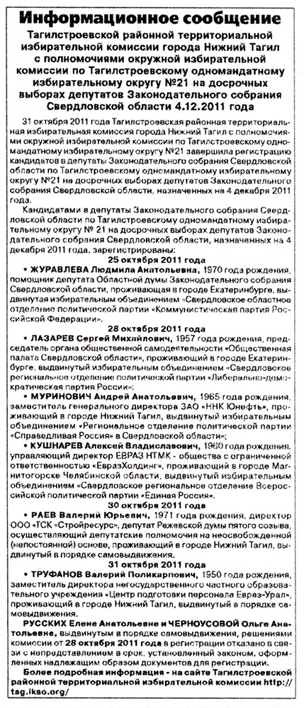 Информационное сообщение Тагилстроевской районной территориальной избирательной комиссии о завершении регистрации кандидатов в депутаты Областной Думы Законодательного Собрания Свердловской области по одномандатному избирательному округу № 2. 31 октября 2011 года. (НТГИА. Ф.634.Оп.2.Д.696.Л.56)