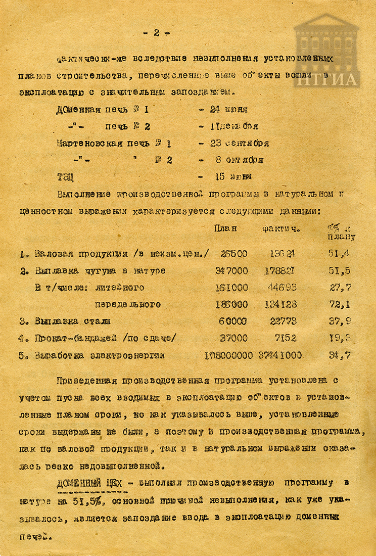 Объяснительная записка к годовому отчету по основной деятельности Новотагильского металлургического завода за 1940 год. (НТГИА Ф.196. Оп.1. Д.94. Л.1об.)
