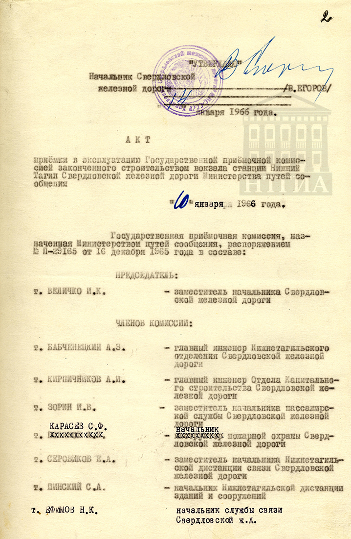 Акт приёмки в эксплуатацию Государственной приёмочной комиссией законченного строительством вокзала станции Нижний Тагил Свердловской железной дороги Министерства путей сообщения от 10 января 1966 года (НТГИА Ф. 229. Оп. 1. Д. 1483. Л. 2)