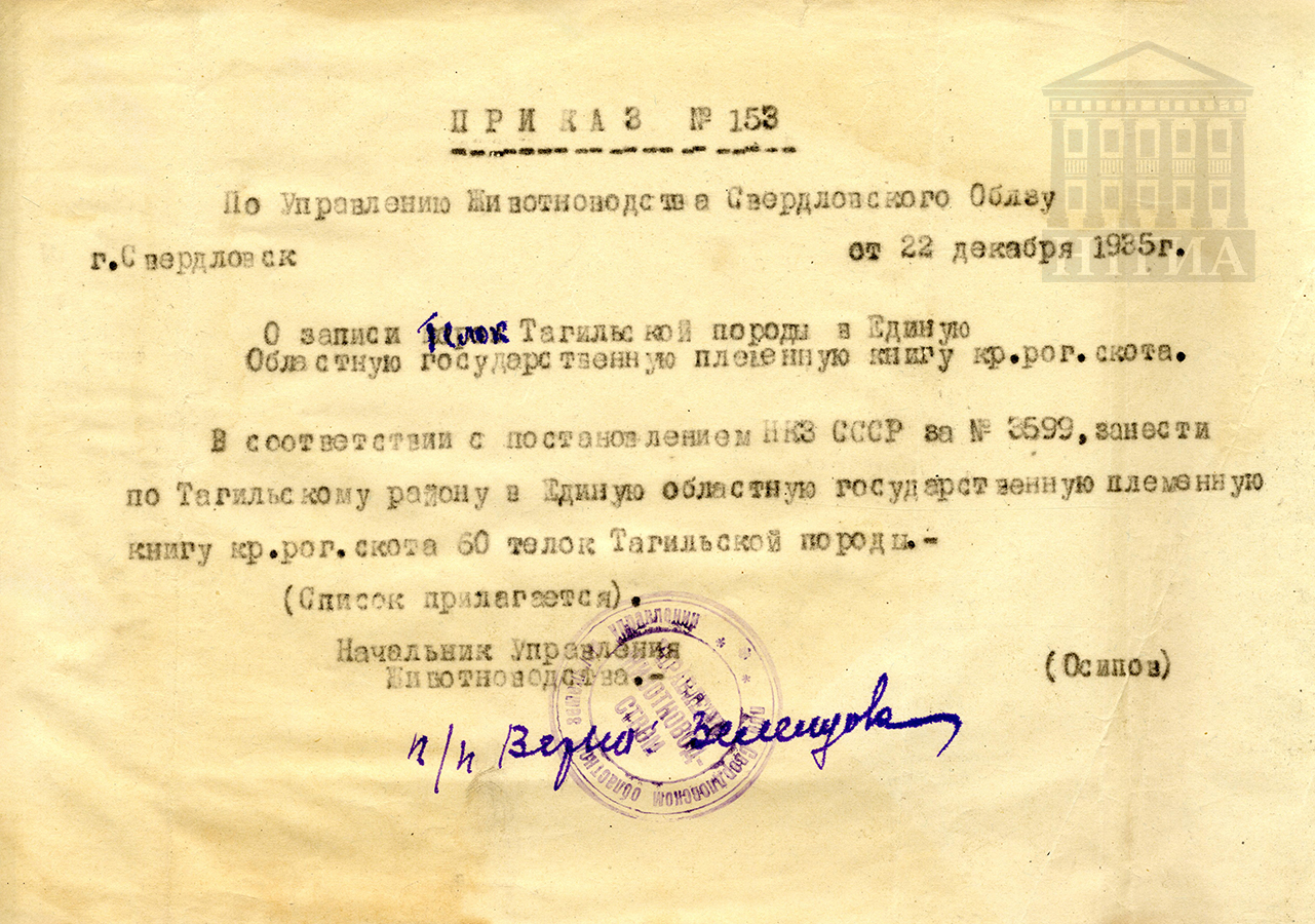 Приказ Управления животноводства Свердловского областного земельного управление от 22 декабря 1935 г. № 153 (НТГИА. Ф.488. Оп.1. Д.7. Л.49)