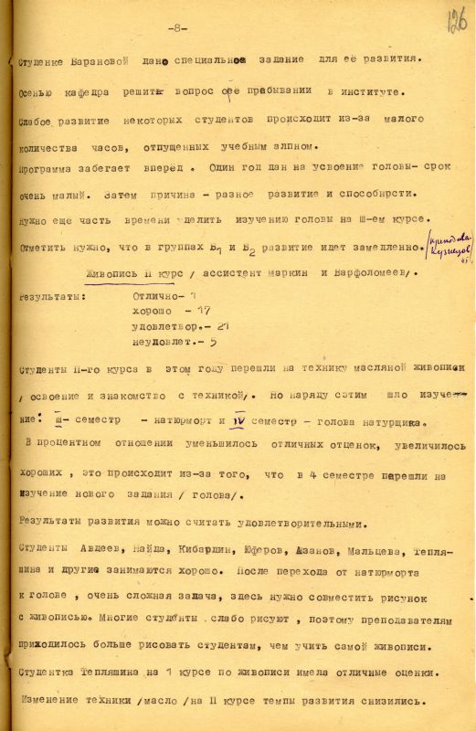 Отчет о работе кафедры изобразительного искусства художественно-графического факультета за 1962 - 1963 учебный год. (НТГИА. Ф.212. Оп.1. Д.169. Л.126) Отчет о работе кафедры изобразительного искусства художественно-графического факультета за 1962 - 1963 учебный год. (НТГИА. Ф.212. Оп.1. Д.169. Л.126)