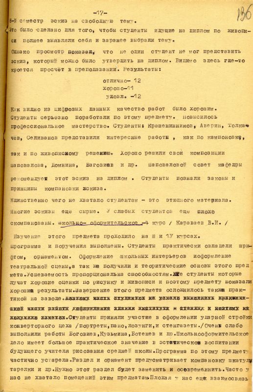 Отчет о работе кафедры изобразительного искусства художественно-графического факультета за 1962 - 1963 учебный год. (НТГИА. Ф.212. Оп.1. Д.169. Л.136) Отчет о работе кафедры изобразительного искусства художественно-графического факультета за 1962 - 1963 учебный год. (НТГИА. Ф.212. Оп.1. Д.169. Л.136)