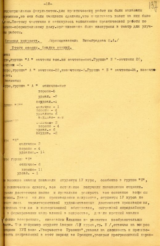 Отчет о работе кафедры изобразительного искусства художественно-графического факультета за 1962 - 1963 учебный год. (НТГИА. Ф.212. Оп.1. Д.169. Л.137) Отчет о работе кафедры изобразительного искусства художественно-графического факультета за 1962 - 1963 учебный год. (НТГИА. Ф.212. Оп.1. Д.169. Л.137)