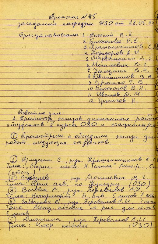 Протокол заседания кафедры изобразительного искусства от 28 мая 1984 года № 5. (НТГИА. Ф.212. Оп.1. Д.648. Л.6об) Протокол заседания кафедры изобразительного искусства от 28 мая 1984 года № 5. (НТГИА. Ф.212. Оп.1. Д.648. Л.6об)