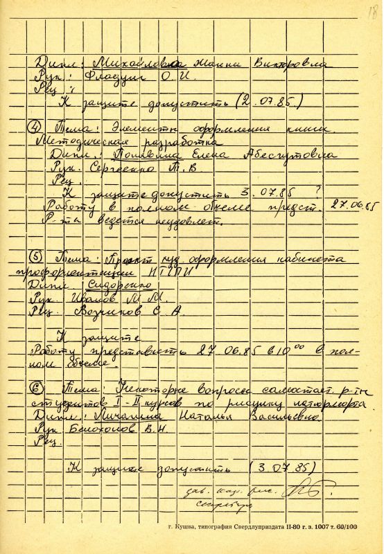 Протокол заседания кафедры рисунка от 22 июня 1985 года № 8 (НТГИА. Ф.212. Оп.1. Д.798. Л.18) Протокол заседания кафедры рисунка от 22 июня 1985 года № 8 (НТГИА. Ф.212. Оп.1. Д.798. Л.18)