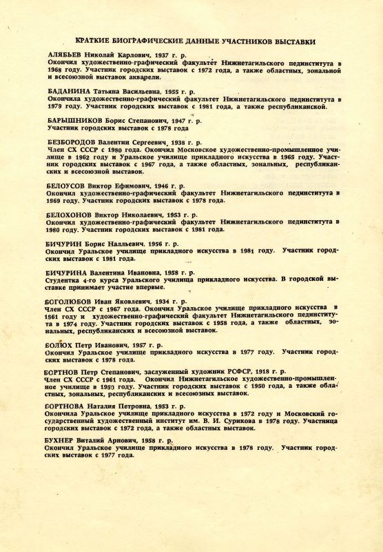 Каталог выставки произведений тагильских художников. (НТГИА. Ф.582. Оп.1. Д.25а. Л.6об) Каталог выставки произведений тагильских художников. (НТГИА. Ф.582. Оп.1. Д.25а. Л.6об)