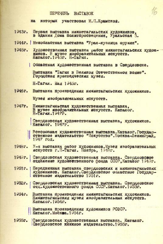 Перечень выставок работ М.П. Крамского с 1943-1971 год. (НТГИА. Ф.582. Оп.2. Д.5. Л.16) Перечень выставок работ М.П. Крамского с 1943-1971 год. (НТГИА. Ф.582. Оп.2. Д.5. Л.16)