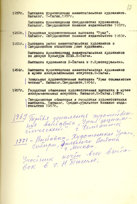 Перечень выставок работ М.П. Крамского с 1943-1971 год. (НТГИА. Ф.582. Оп.2. Д.5. Л.17) Перечень выставок работ М.П. Крамского с 1943-1971 год. (НТГИА. Ф.582. Оп.2. Д.5. Л.17)
