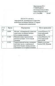 Приложение к постановлению Главы города Нижний Тагил от 11 октября 2000 года № 647 «Программа мероприятий, посвященных открытию памятника погибшим бойцам 12 отряда специального назначения». (НТГИА.Ф.560.Оп.1.Д.395.Л.98)